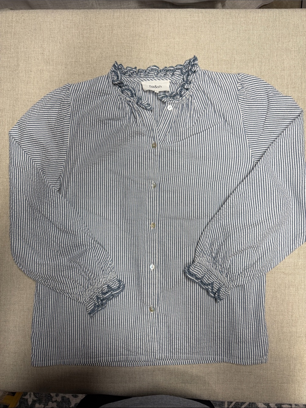 ba&sh Blue & White Striped Ruffle-Neck Button-Down Shirt. 0120 - Picture 4 of 10